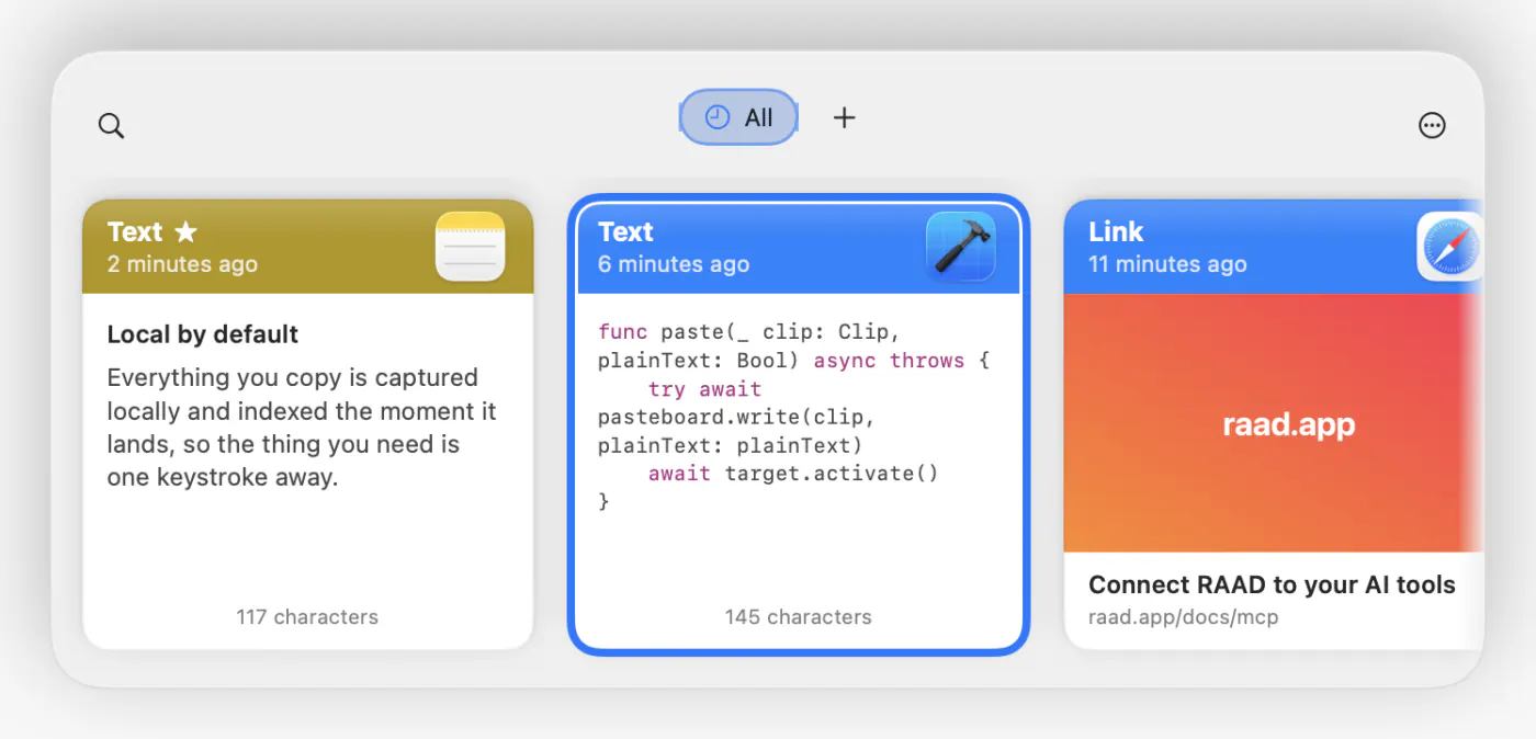 RAAD’s overlay panel showing recent clipboard history — text, code, links, images, colors, and files.